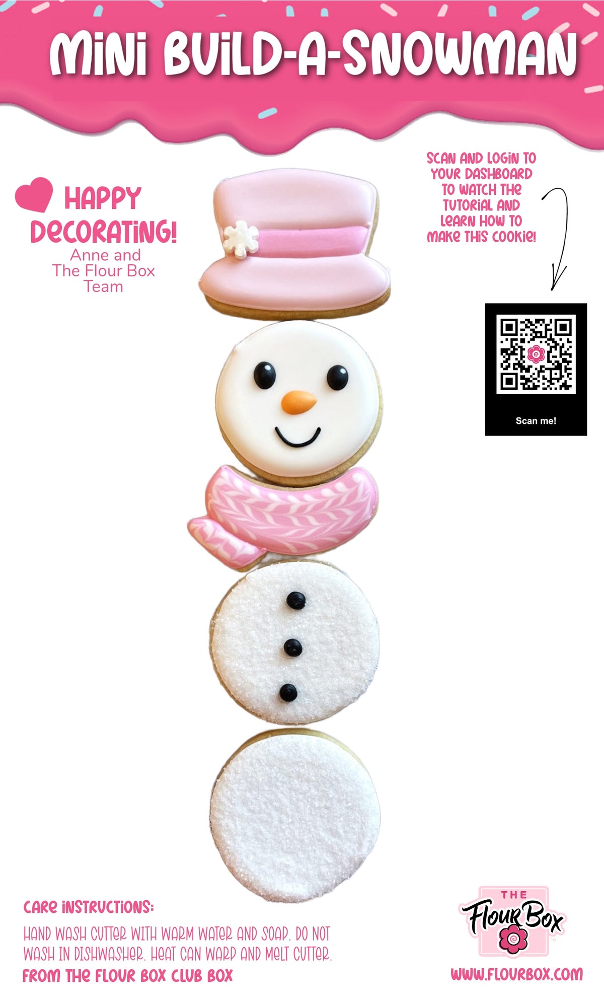 Pink frosted sugar cookie snowman with matching pink hat and scarf from mini build-a-snowman 3pc flour box cutter set