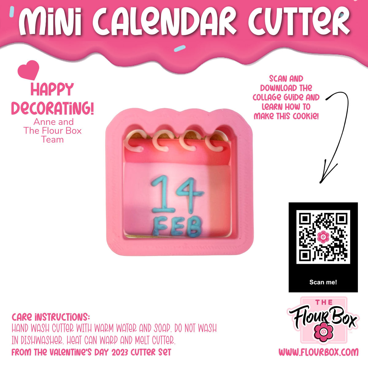 Pink silicone mini calendar cookie cutter with scalloped edge and feb 14 blue icing detail for baking use