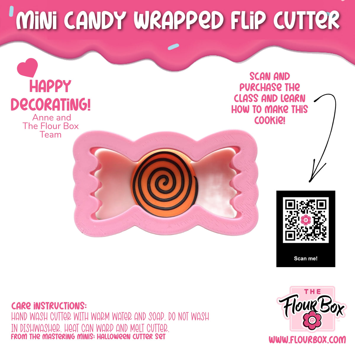 Mini candy wrapped cookie flip cutter pink silicone candy shape with orange and black spiral design center