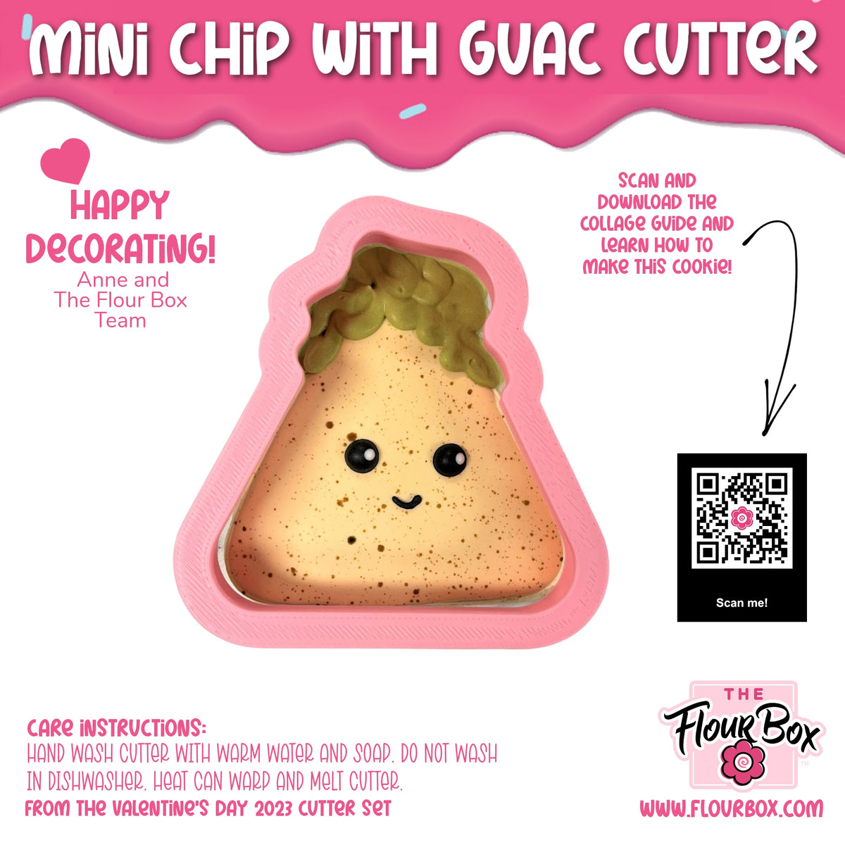 Pink silicone mini chip with guac cookie cutter shaped like a smiling triangular slice of pie for snack prep