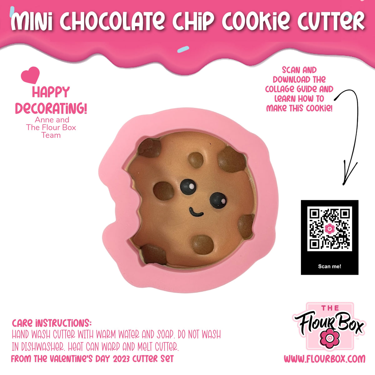 Mini chocolate chip cookie cookie cutter made of pink silicone shaped like a cookie with a cute face