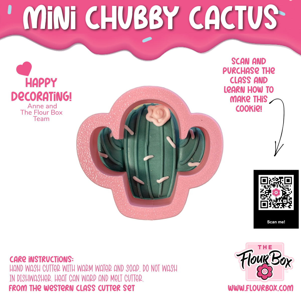 Mini chubby cactus cookie cutter pink silicone mold shaped like a chubby green cactus with small white spines