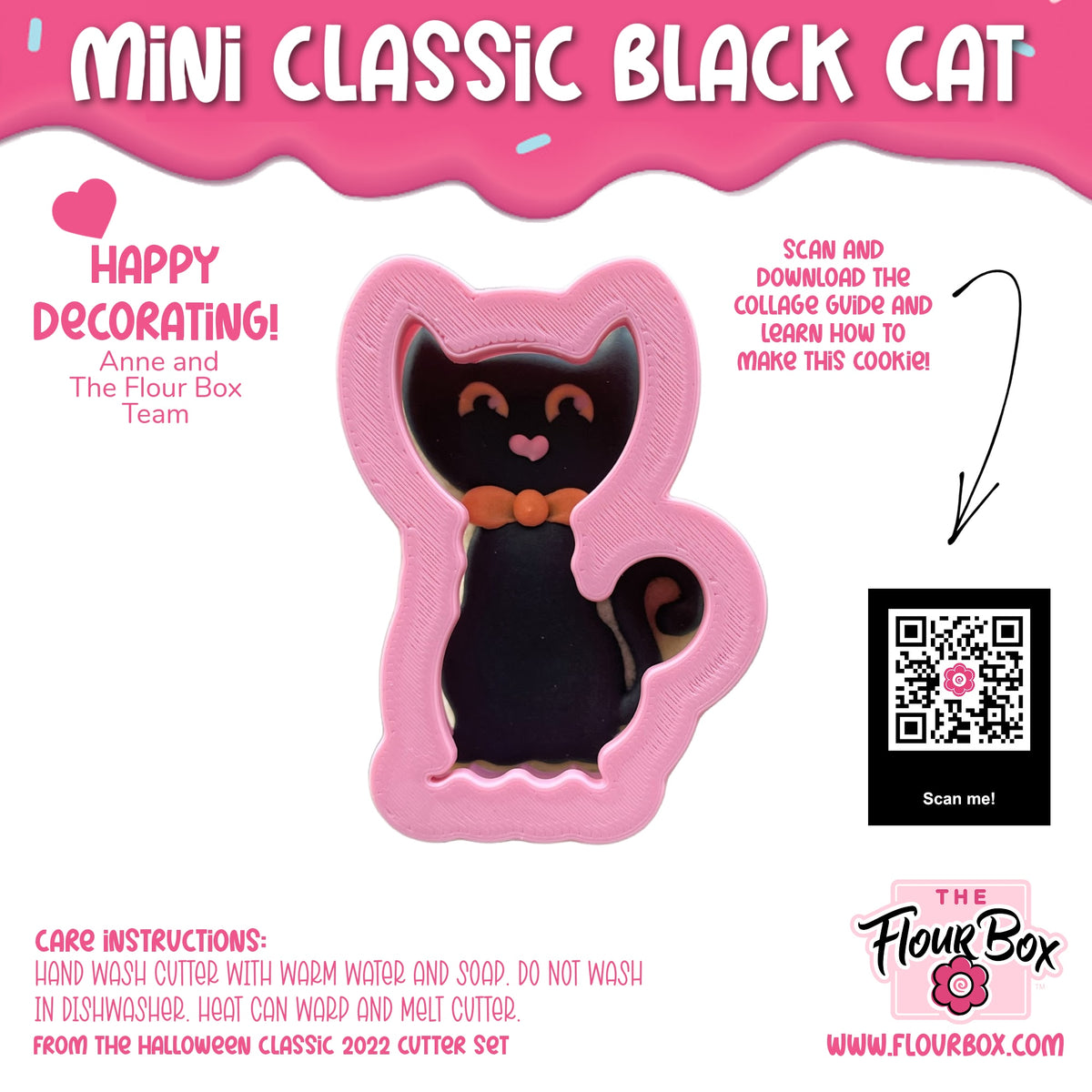 Pink plastic mini classic black cat cookie cutter with orange bowtie and heart-shaped eyes for baking use