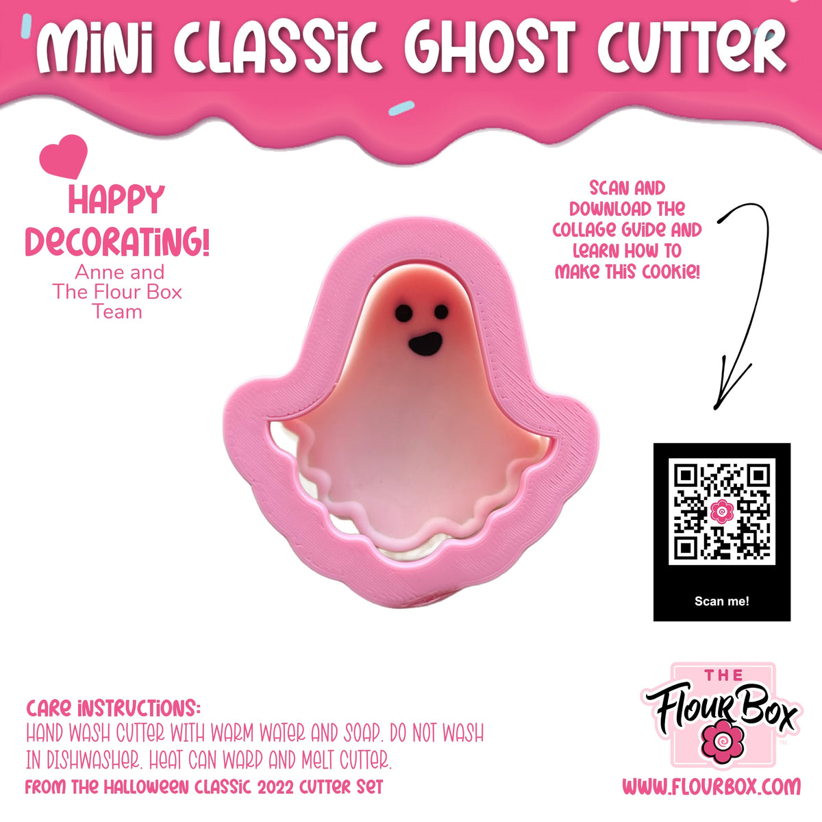 Mini classic ghost cookie cutter in pink with scalloped edges and a smiling face for baking ghost-shaped cookies