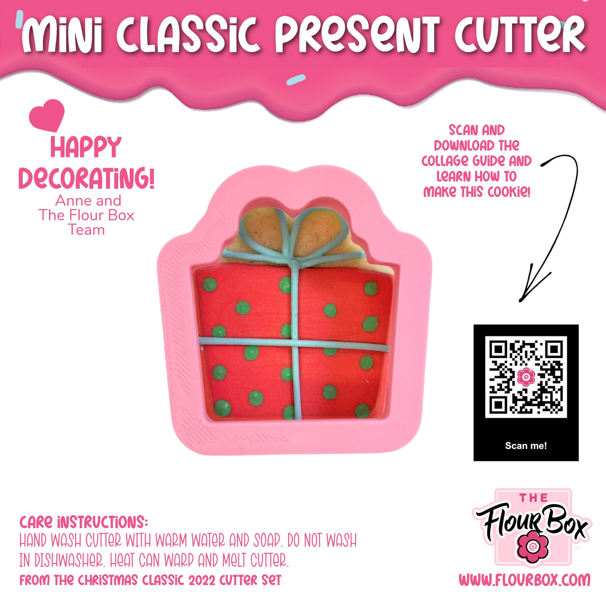 Mini classic present cookie cutter made of pink silicone with red and green polka dots for gift box shaped cookies