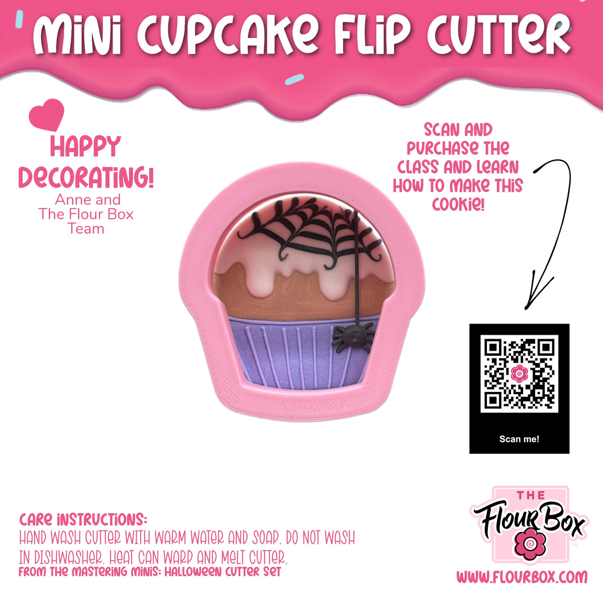 Mini cupcake cookie flip cutter with pink plastic Halloween-themed design featuring black spiderweb and spider on frosting