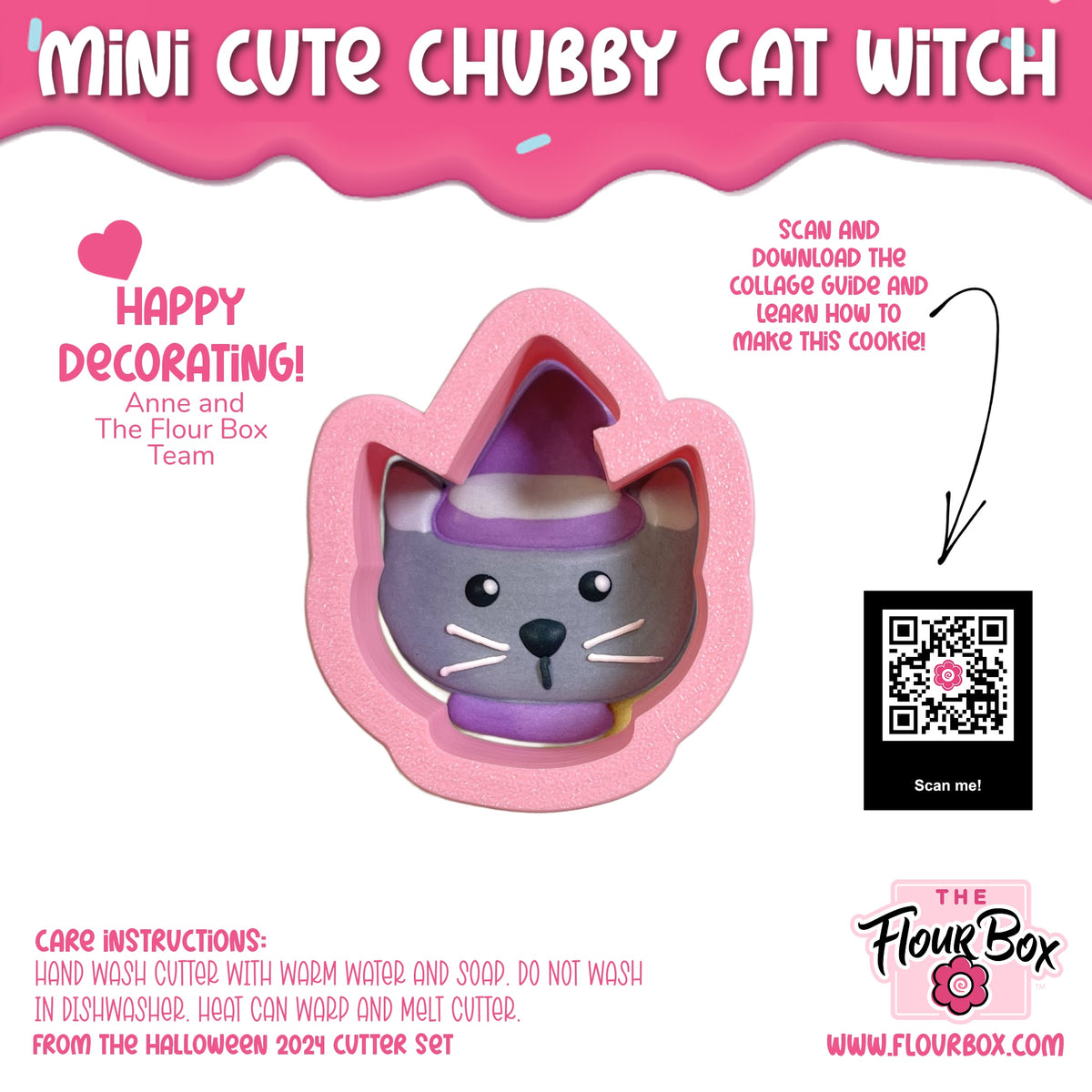 A pink silicone mini cute chubby cat witch cookie cutter shaped like a gray cat wearing a purple hat and scarf