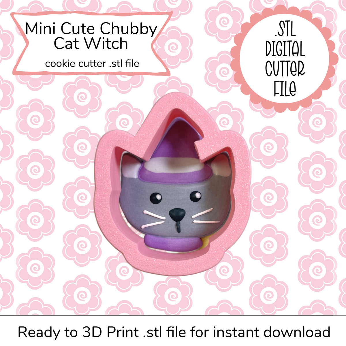 Pink silicone mini cute chubby cat witch cookie cutter with purple hat and scarf digital STL file