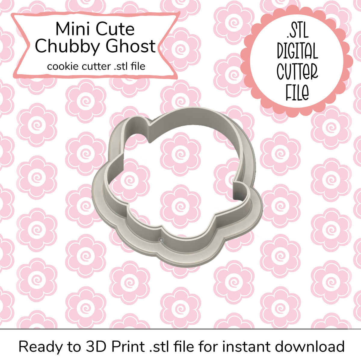Silver metallic mini cute chubby ghost cookie cutter with rounded edges and small eye cutouts digital stl file