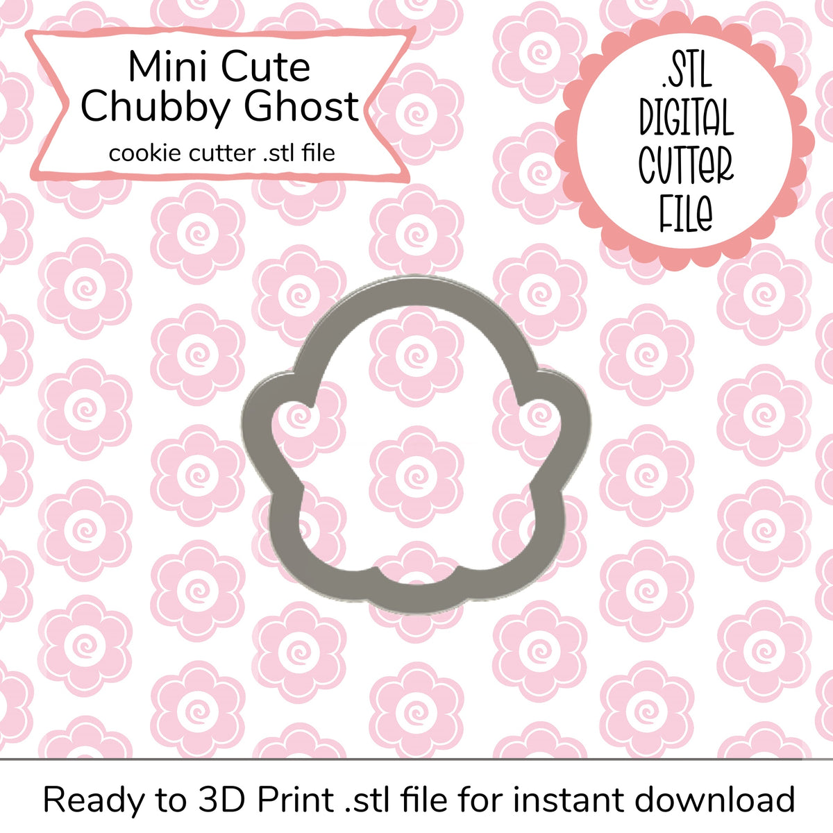 Gray metallic mini cute chubby ghost cookie cutter made of metal for baking and crafting digital file design