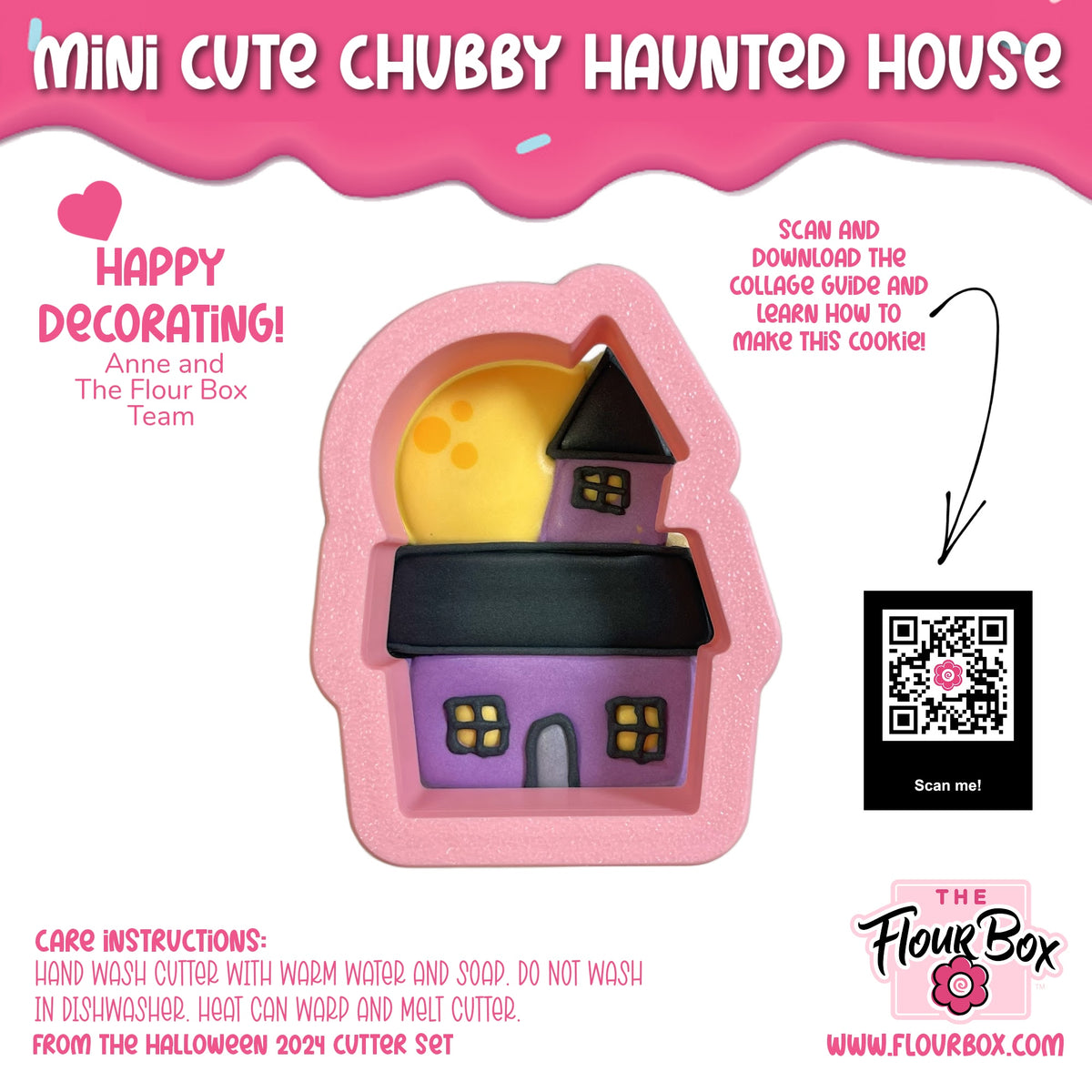 Pink silicone mini cute chubby haunted house cookie cutter with purple black details and yellow moon window
