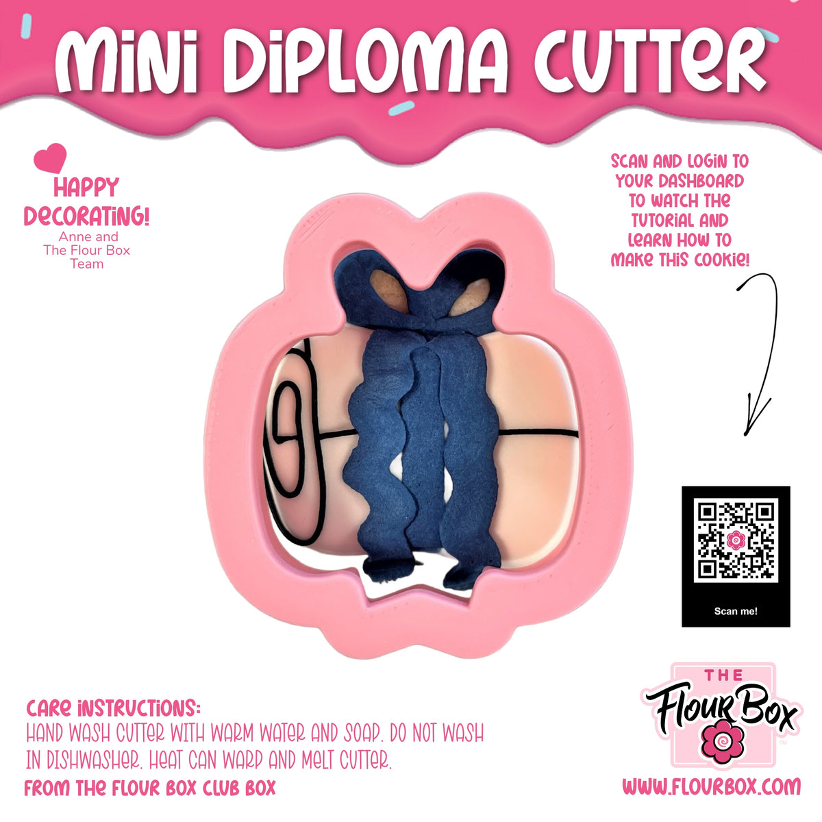 Pink silicone mini diploma flour box club cookie cutter with blue fondant details shaped like a bow