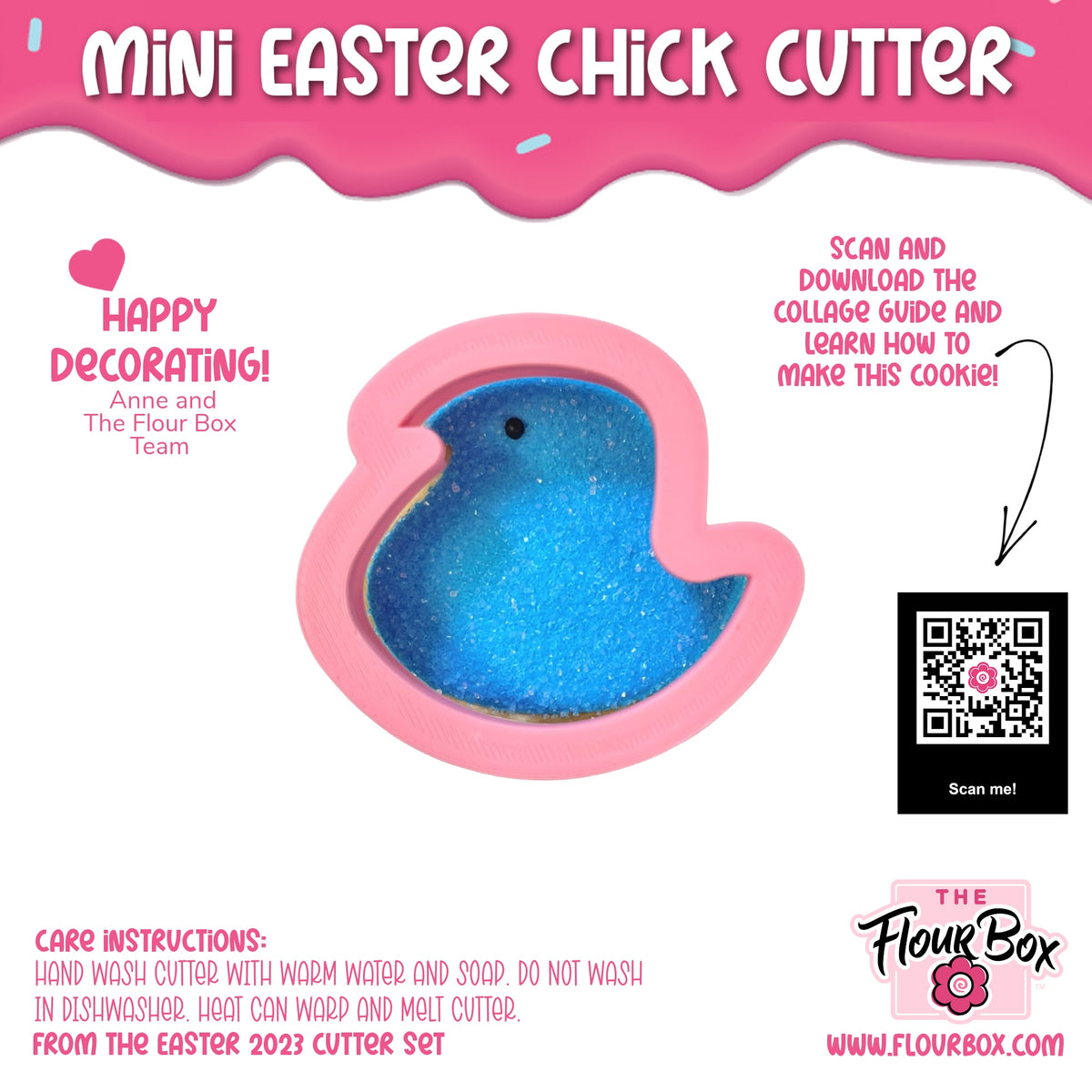 Mini easter chick cookie cutter pink silicone with blue glittery interior and black dot eye for baking and crafts
