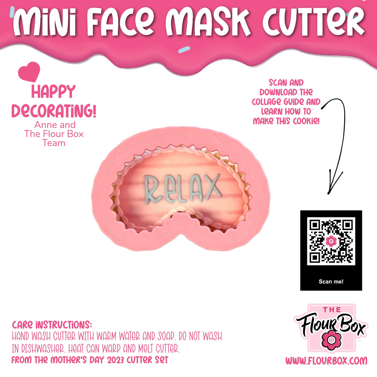 Pink silicone mini face mask cookie cutter with relax embossed in light gray for baking and crafting