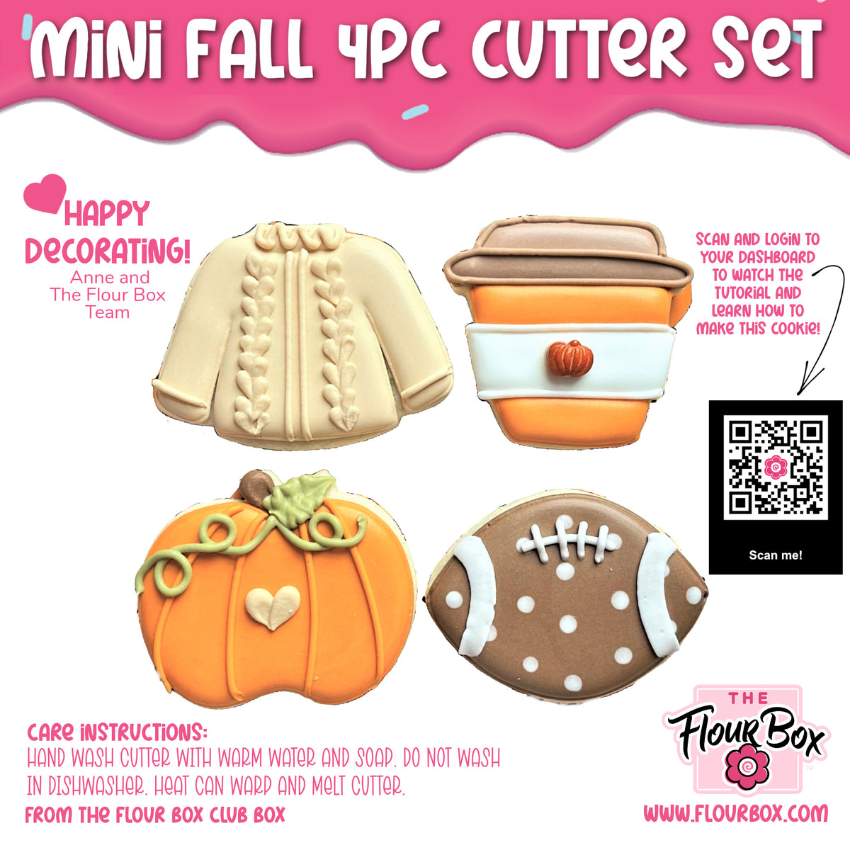 Mini fall 4pc flour box club cookie cutter set with beige jacket, orange coffee cup, pumpkin, and brown football shapes