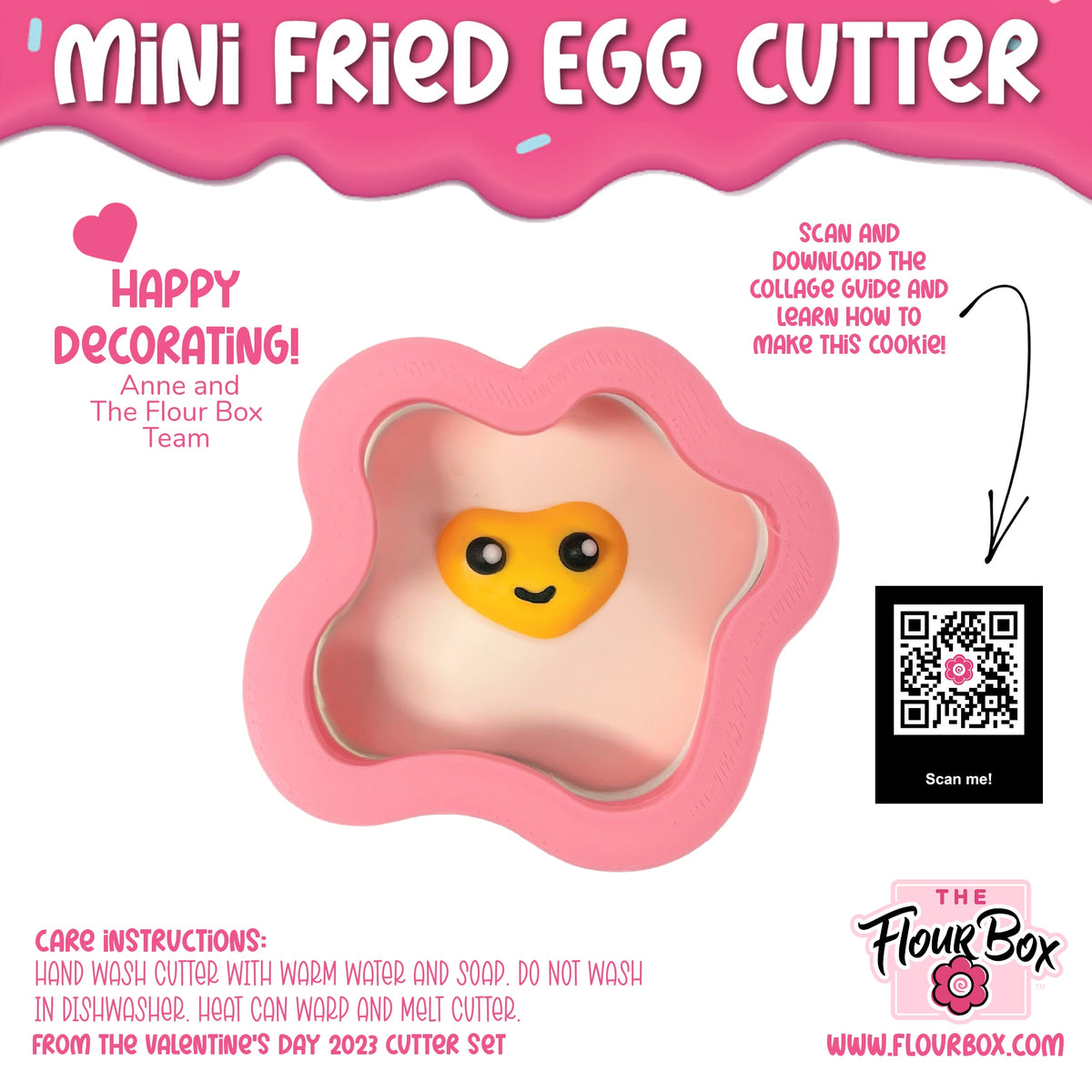 Pink silicone mini fried egg cookie cutter with yellow smiling face design for fun food shaping and baking