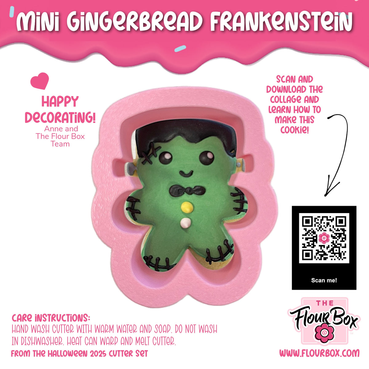 Mini gingerbread frank cookie cutter featuring a green cartoonish cookie with black icing stitches and yellow buttons