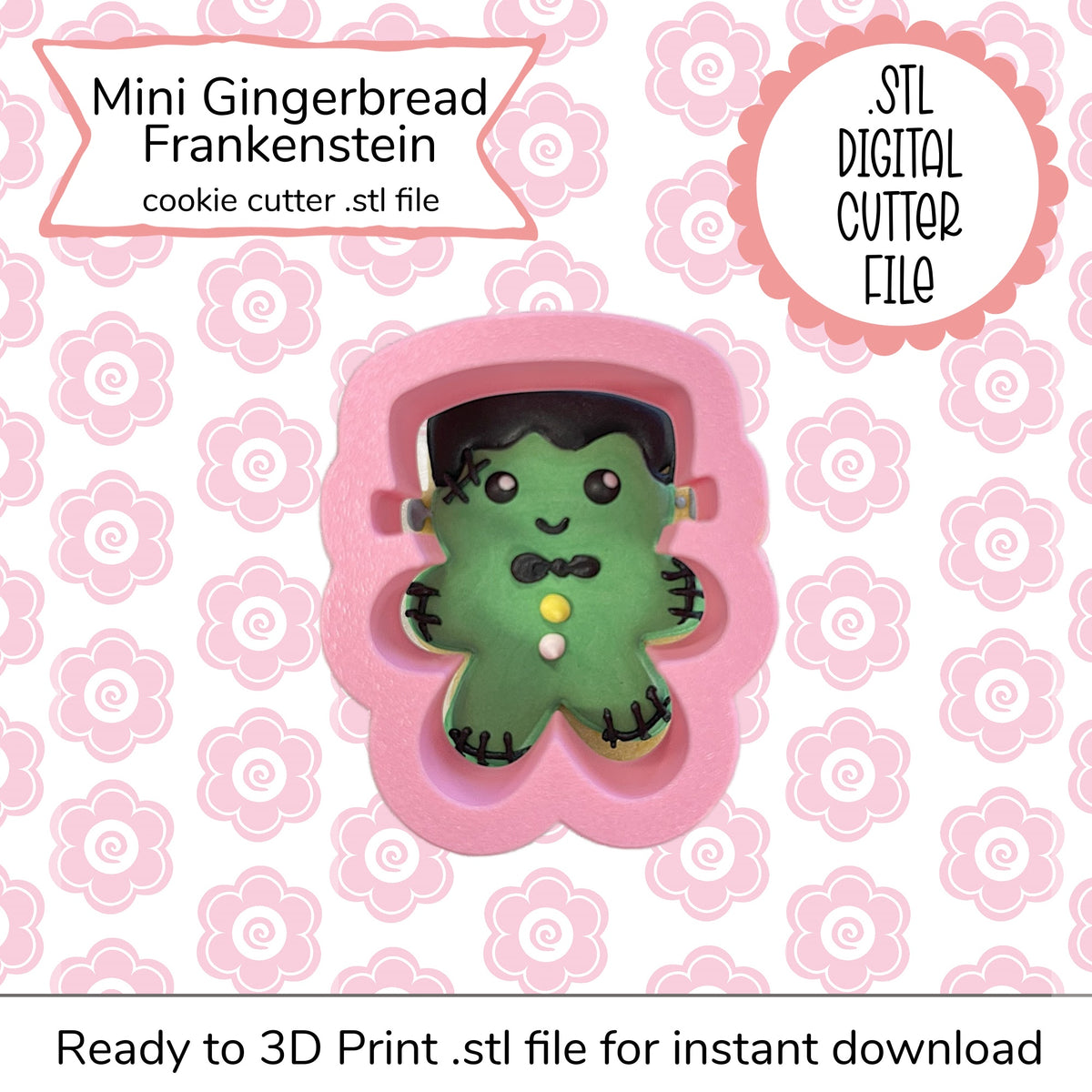 Pink silicone mini gingerbread frankenstein cookie cutter with black hair stitched details and bow tie digital file