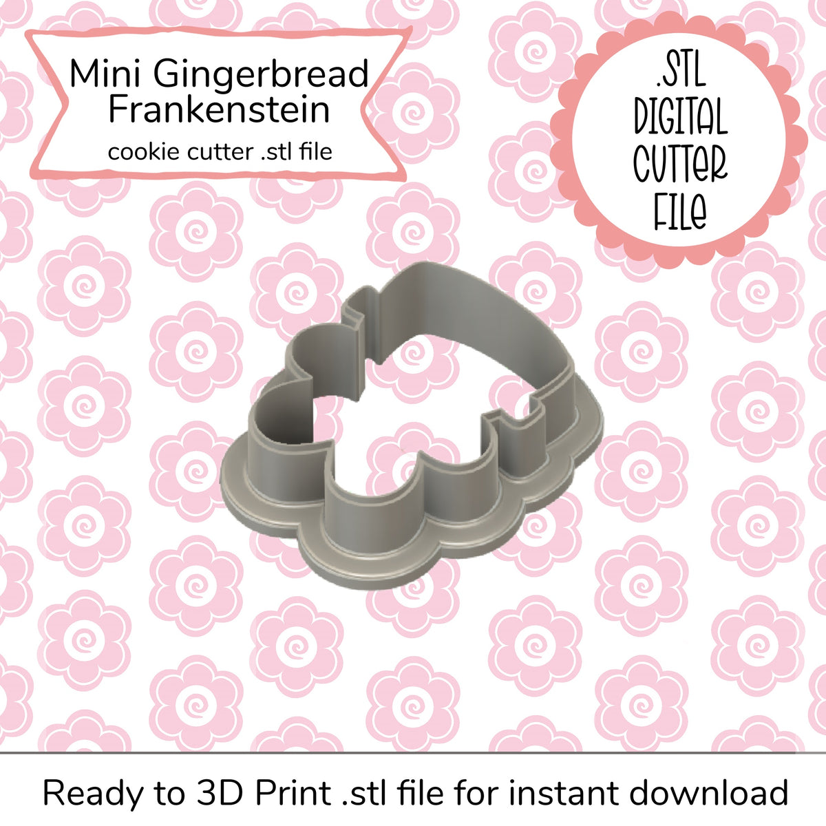 Gray plastic mini gingerbread Frankenstein cookie cutter for baking in digital STL file format