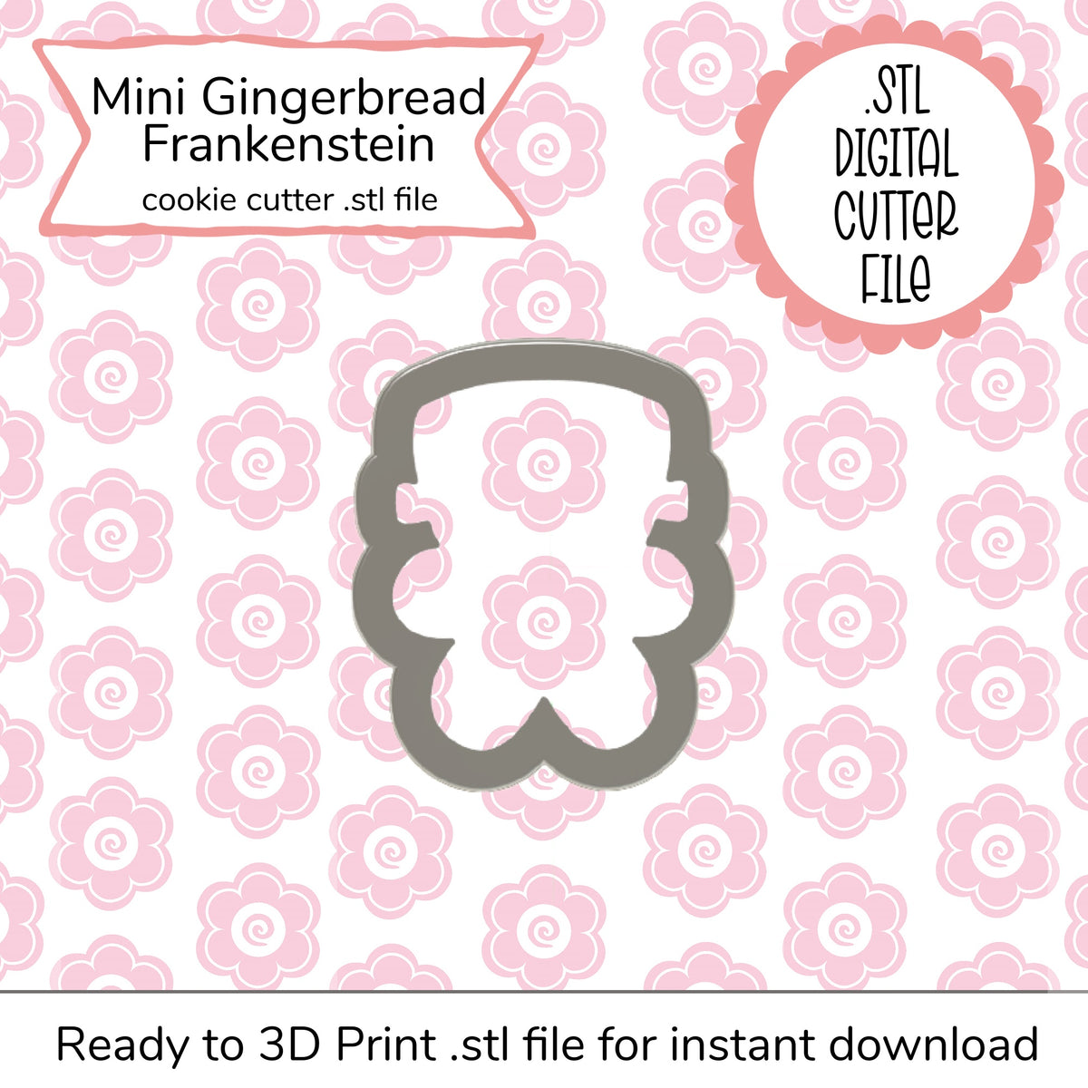 Gray metallic miniature gingerbread frankenstein cookie cutter for baking with digital stl file design