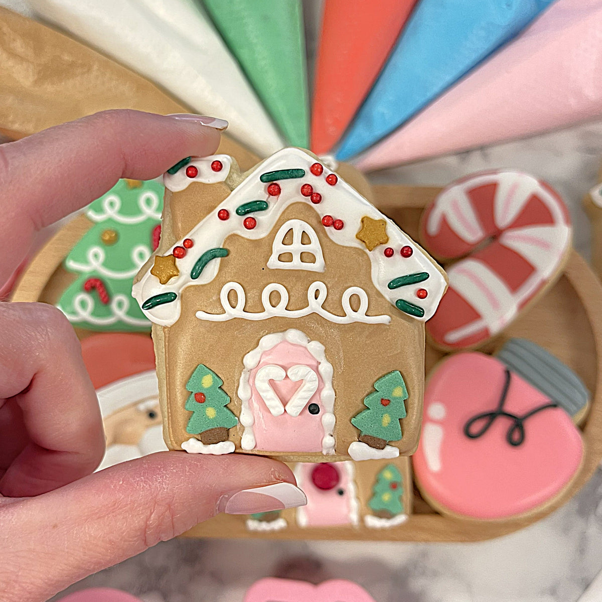 A mini cute christmas cookie decorating kit featuring a gingerbread house cookie with pink door and festive icing