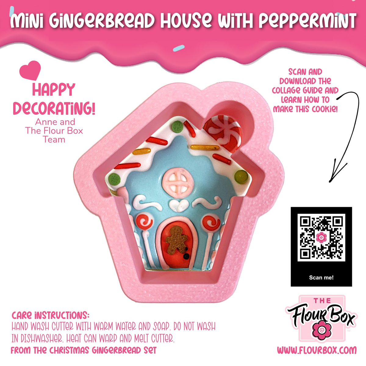 Mini gingerbread house peppermint cookie cutter in pink silicone with blue interior red door and candy decorations