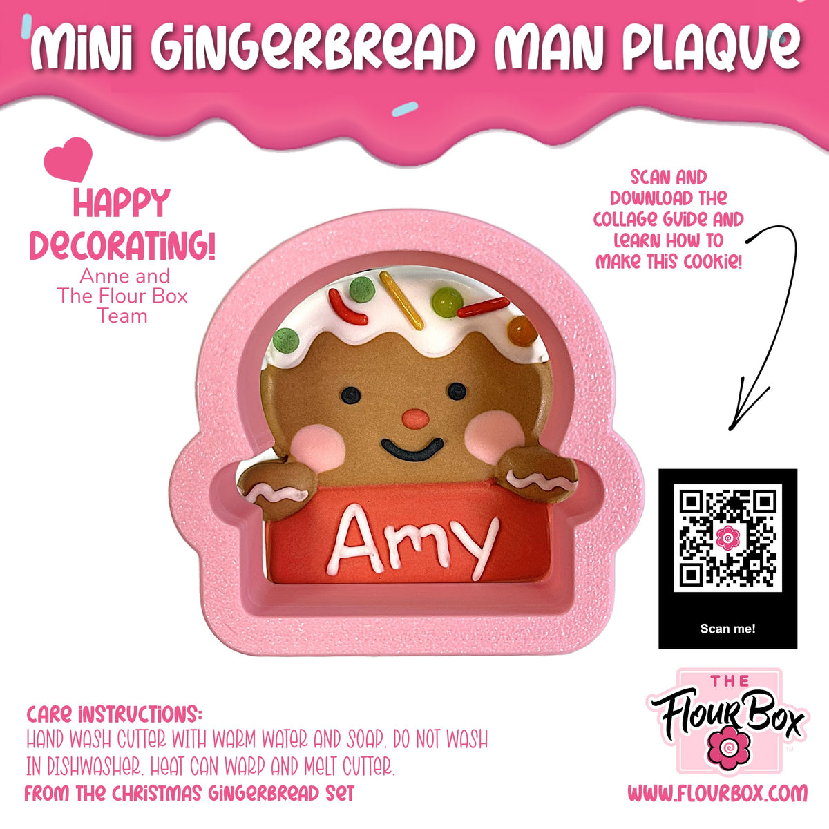 Mini gingerbread man plaque cookie cutter with pink frame white icing colorful candy and red name sign amy