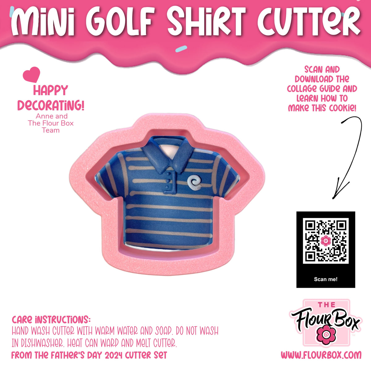 Pink silicone mini golf shirt cookie cutter with blue and white striped design for themed baking projects