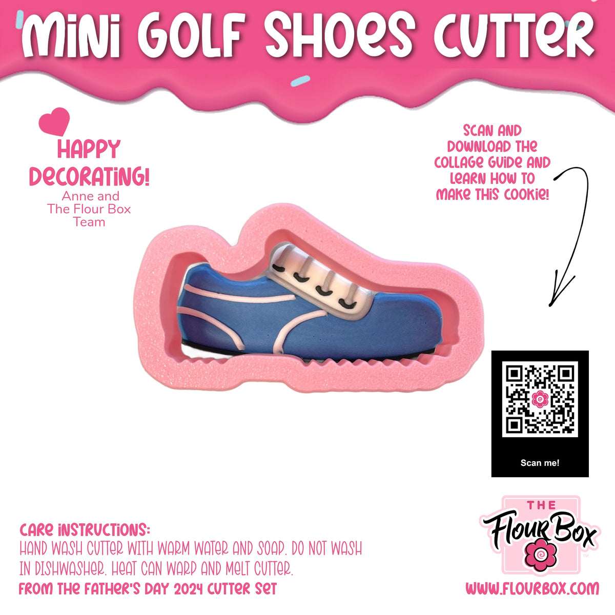 Pink foam mini golf shoe cutter with blue and white detailed design for making mini golf shoes cookies