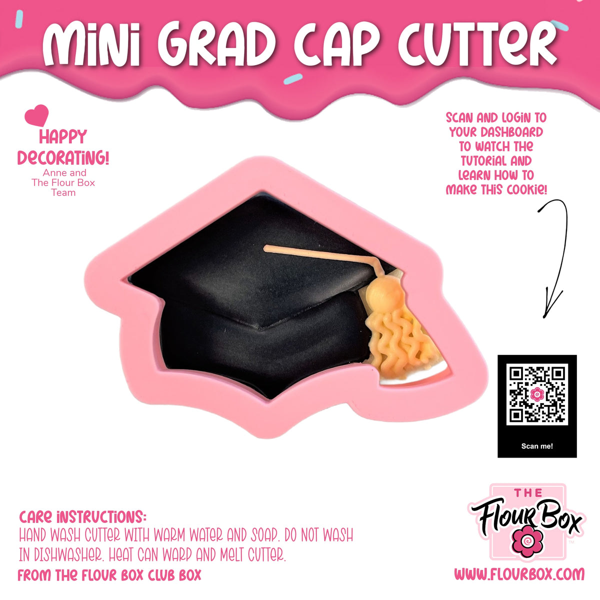 Pink silicone mini grad cap flour box club cookie cutter with black and gold icing details for baking decorations