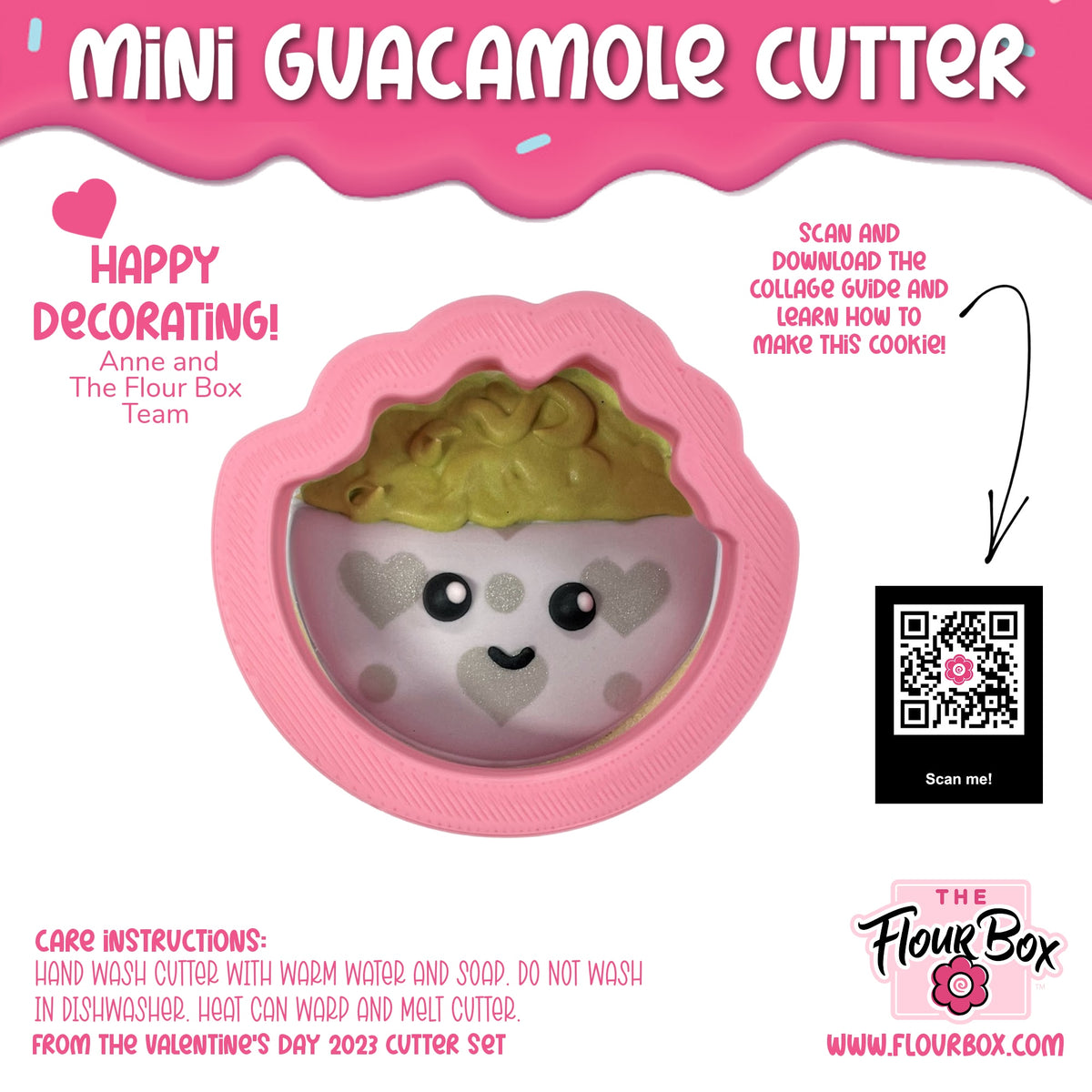 Pink silicone mini guacamole cutter shaped like a smiling face with heart eyes and silver glitter accents