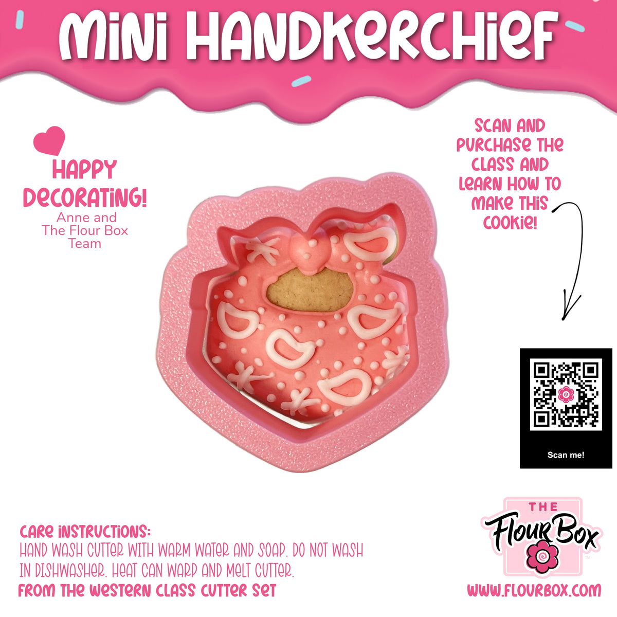 Pink glittery silicone mini handkerchief cookie cutter with heart and bow design for baking and crafting