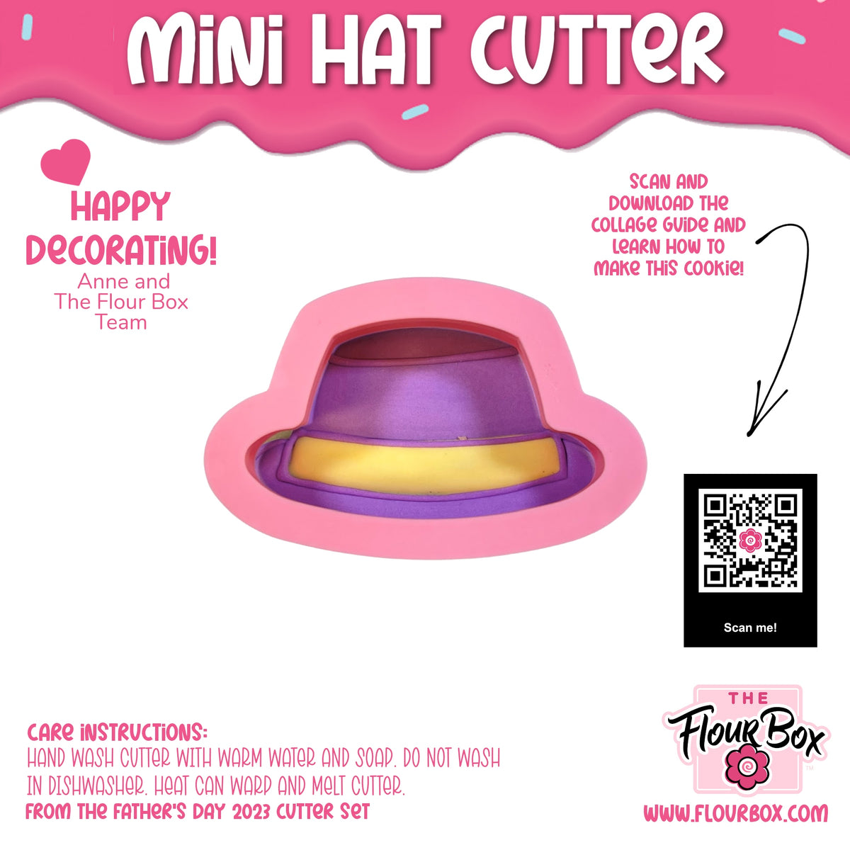 Mini hat cookie cutter in pink silicone with a purple and yellow striped interior for baking and crafting