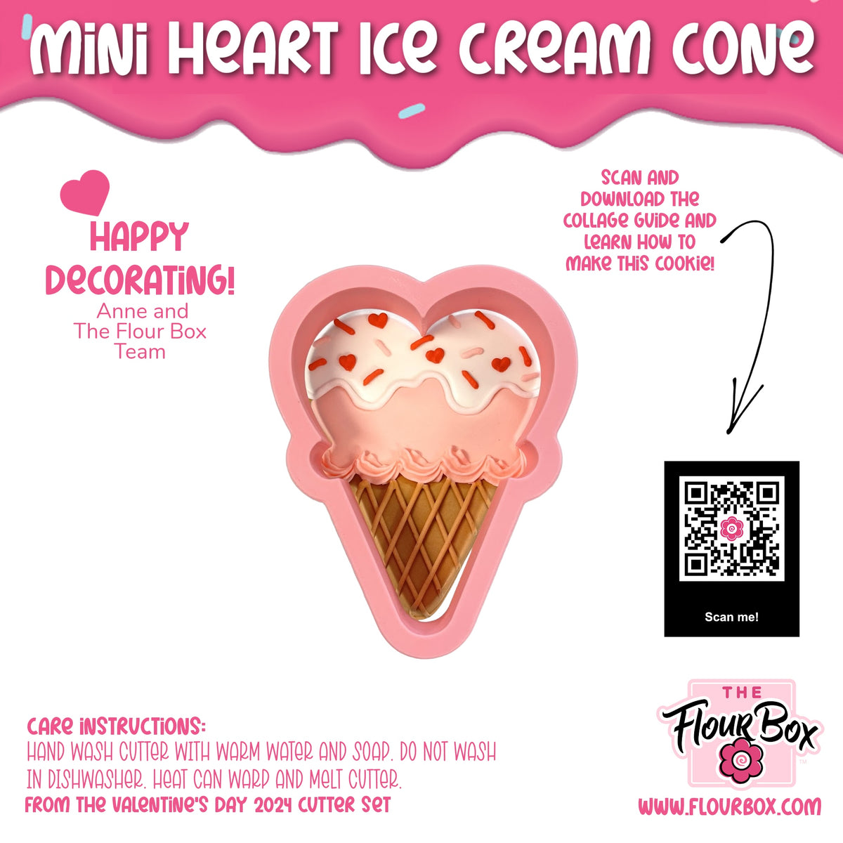Mini heart ice cream cone cookie cutter pink plastic with brown waffle texture and white icing topped with red heart sprinkles