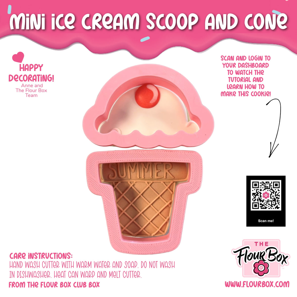 Pink silicone mini ice cream scoop and cone cookie cutter from flour box club for baking and decorating