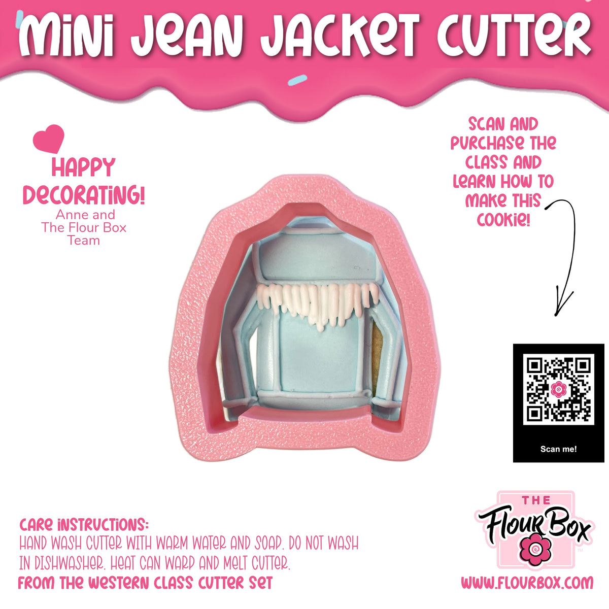 Pink silicone mini jean jacket cookie cutter with white teeth-like details for baking and crafting