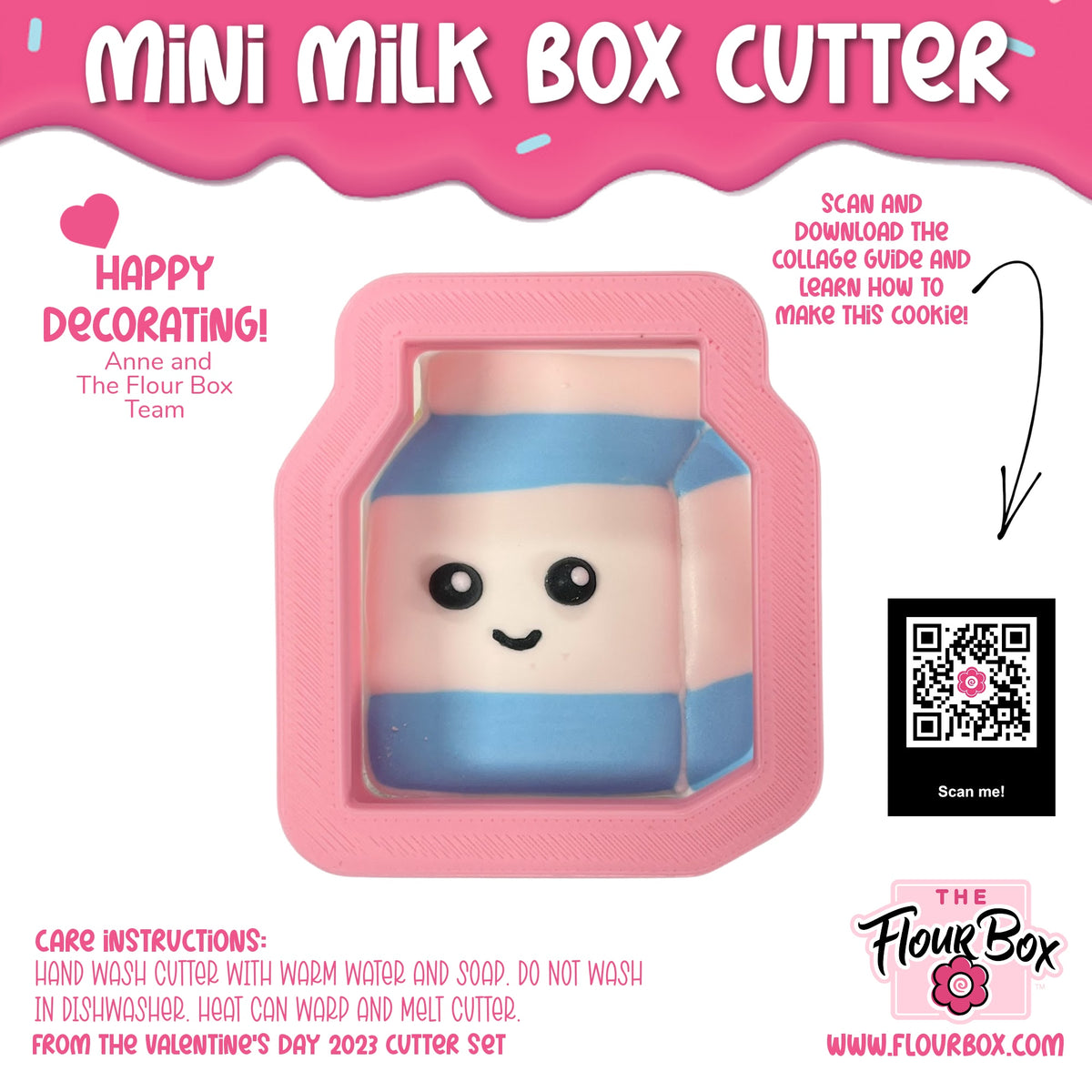 Pink plastic mini milk box cookie cutter with blue and white stripes and smiling face for baking shapes