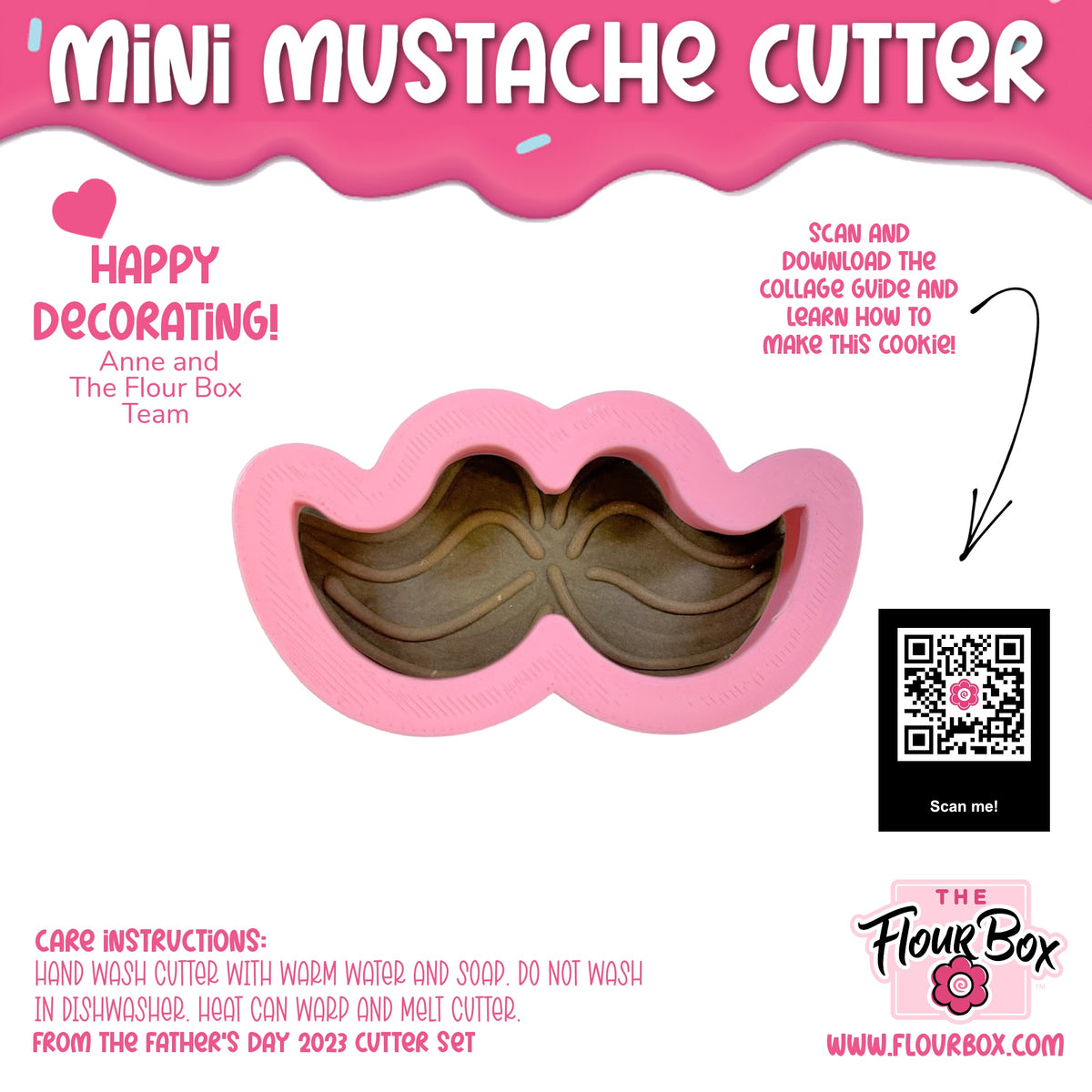 Pink silicone mini mustache cookie cutter with brown molded interior designed for shaping cookie dough