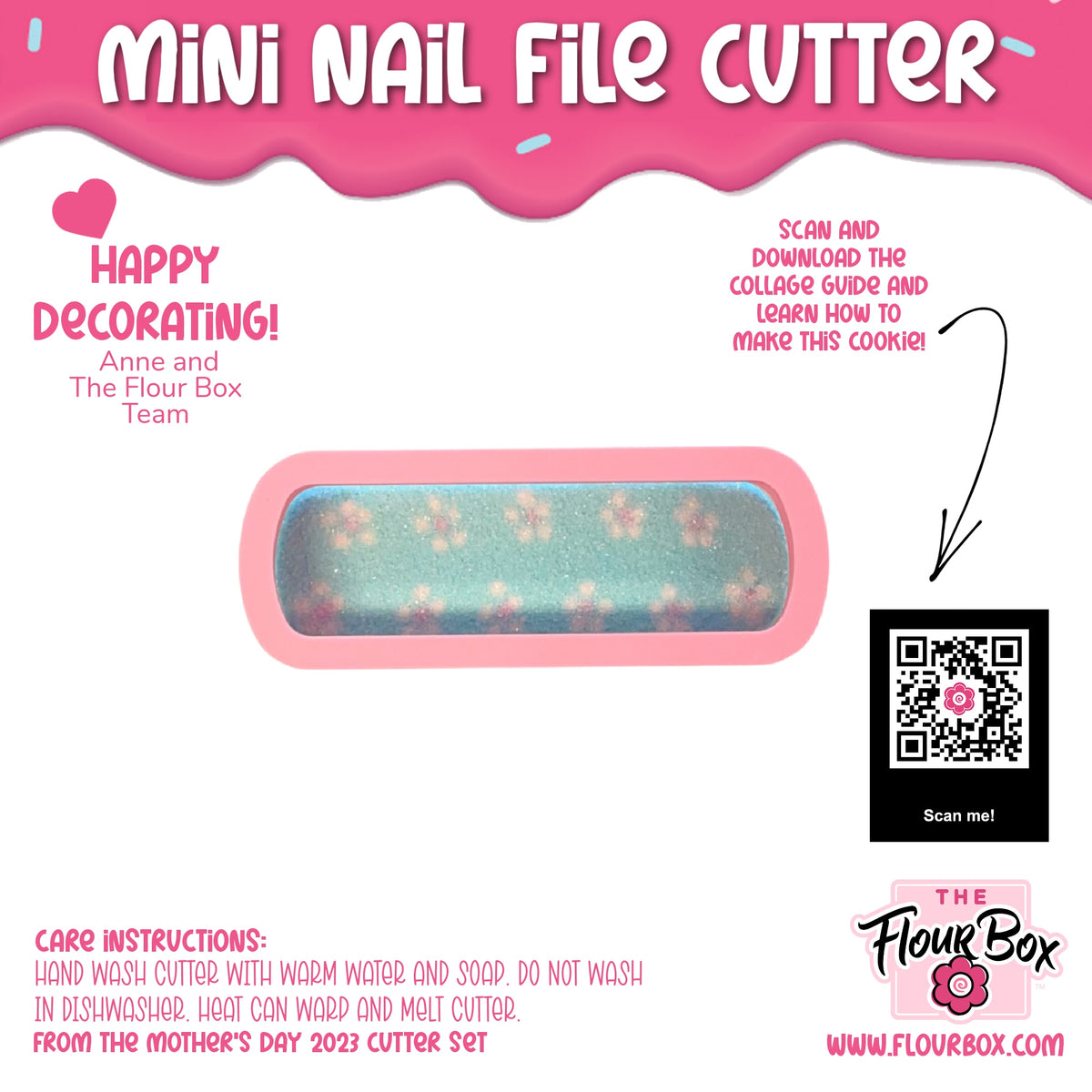 Mini nail file cookie cutter in pink with a teal glittery floral interior for precise nail shaping and filing