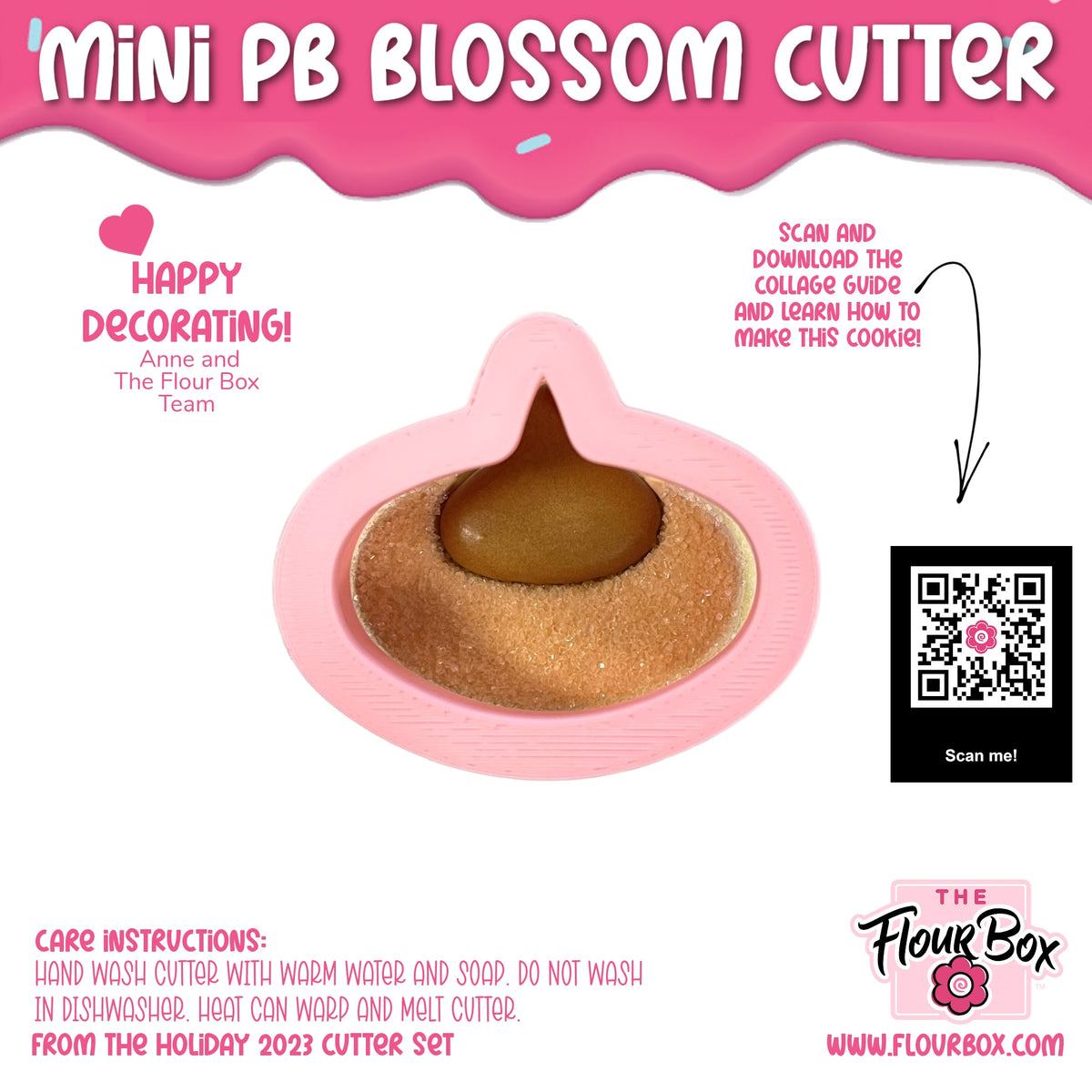 Pink silicone mini pb blossom cookie cutter with chocolate-like center and golden sugar decoration for baking