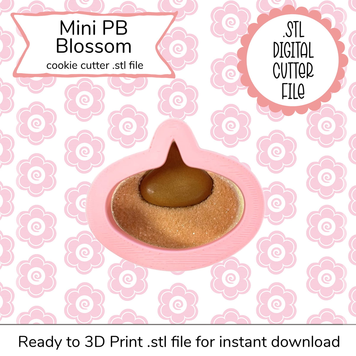 Pink 3d-printed mini pb blossom stl cutter file shaped like a flower with a chocolate kiss inside