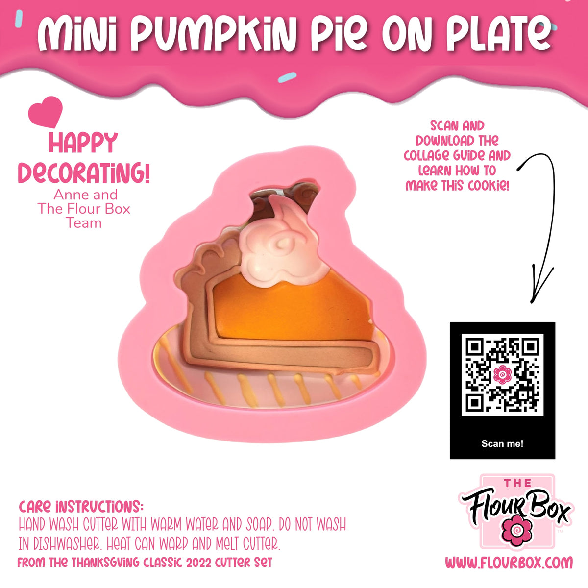 Mini pumpkin pie on plate cookie cutter with an orange pumpkin pie slice on a pink plate topped with whipped cream and chocolate