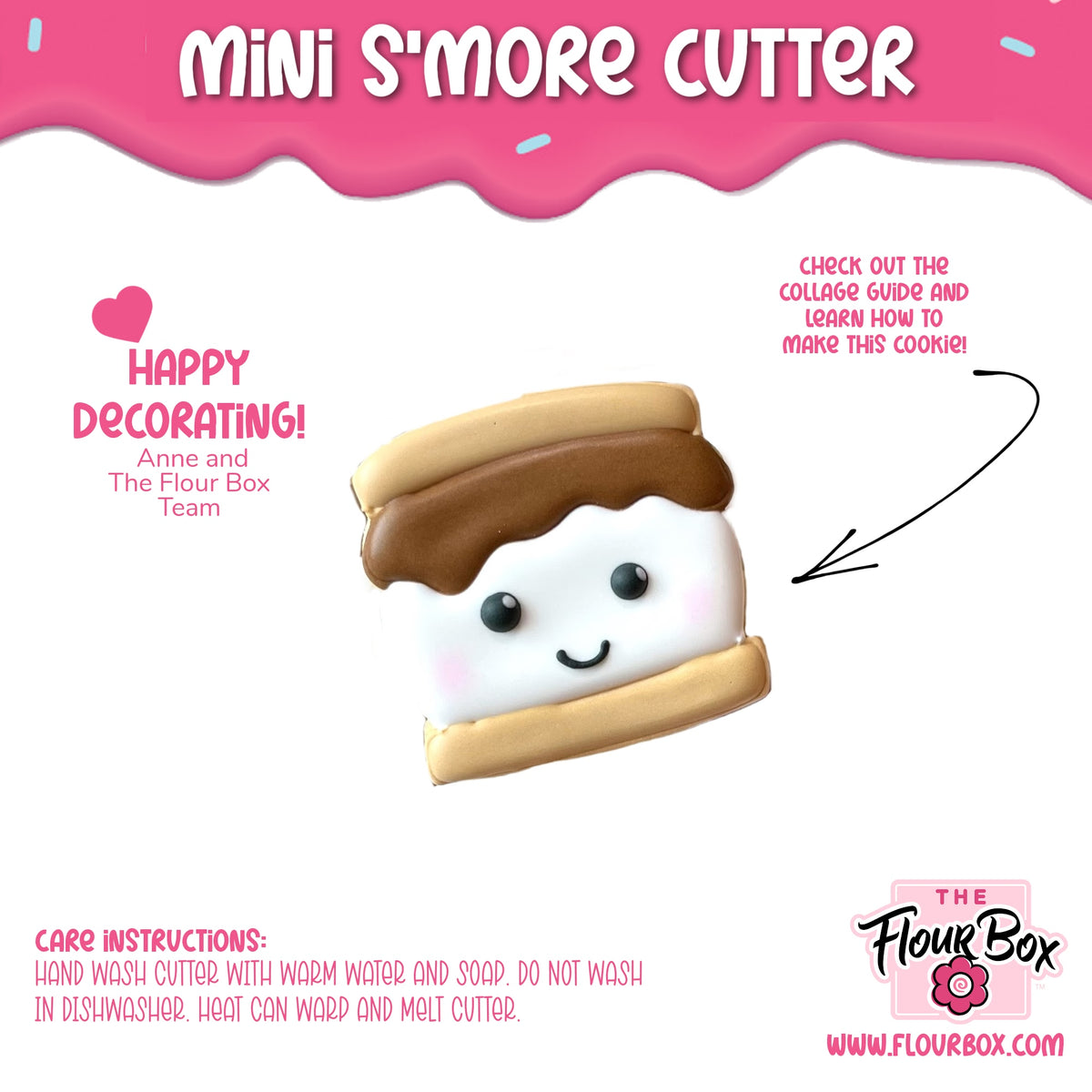 Mini s’more cookie cutter shaped like a white marshmallow with chocolate drizzle and golden graham cracker edges by the flour box