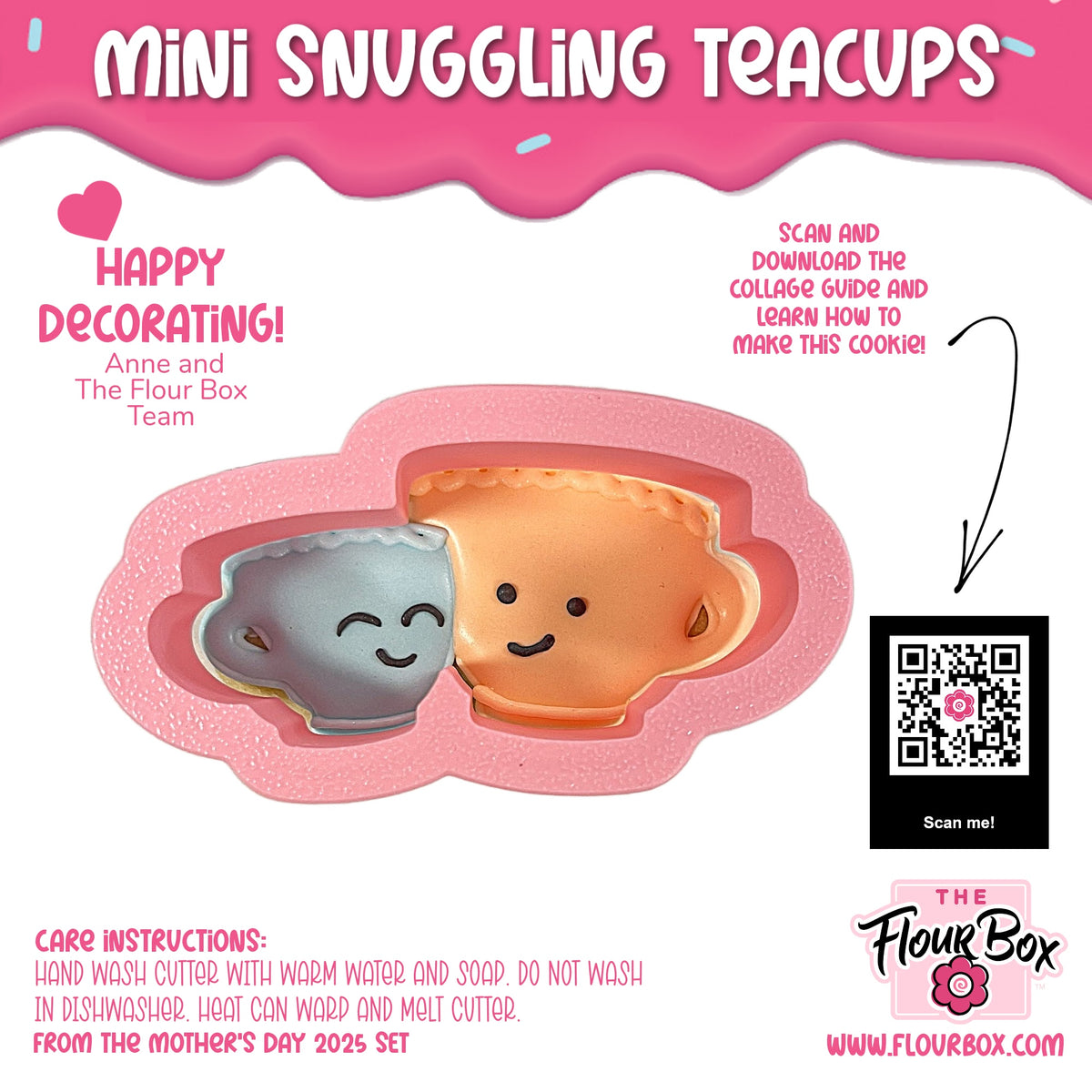 Pink silicone mini snuggling teacups cookie cutter shaped like gray and peach teacups with smiling faces