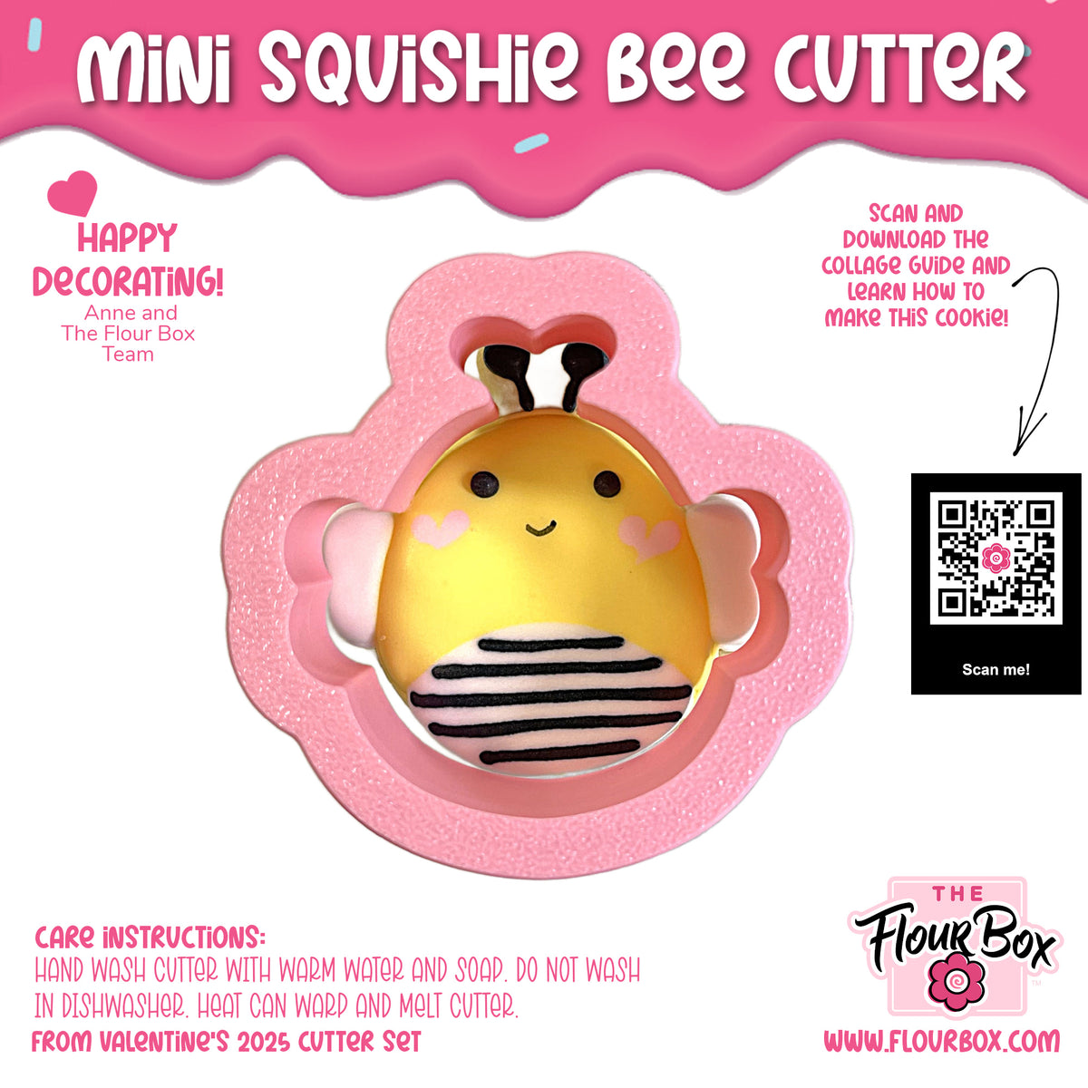 Mini squishie bee cookie cutter shaped like a yellow and black bee with pink wings and a smiling face