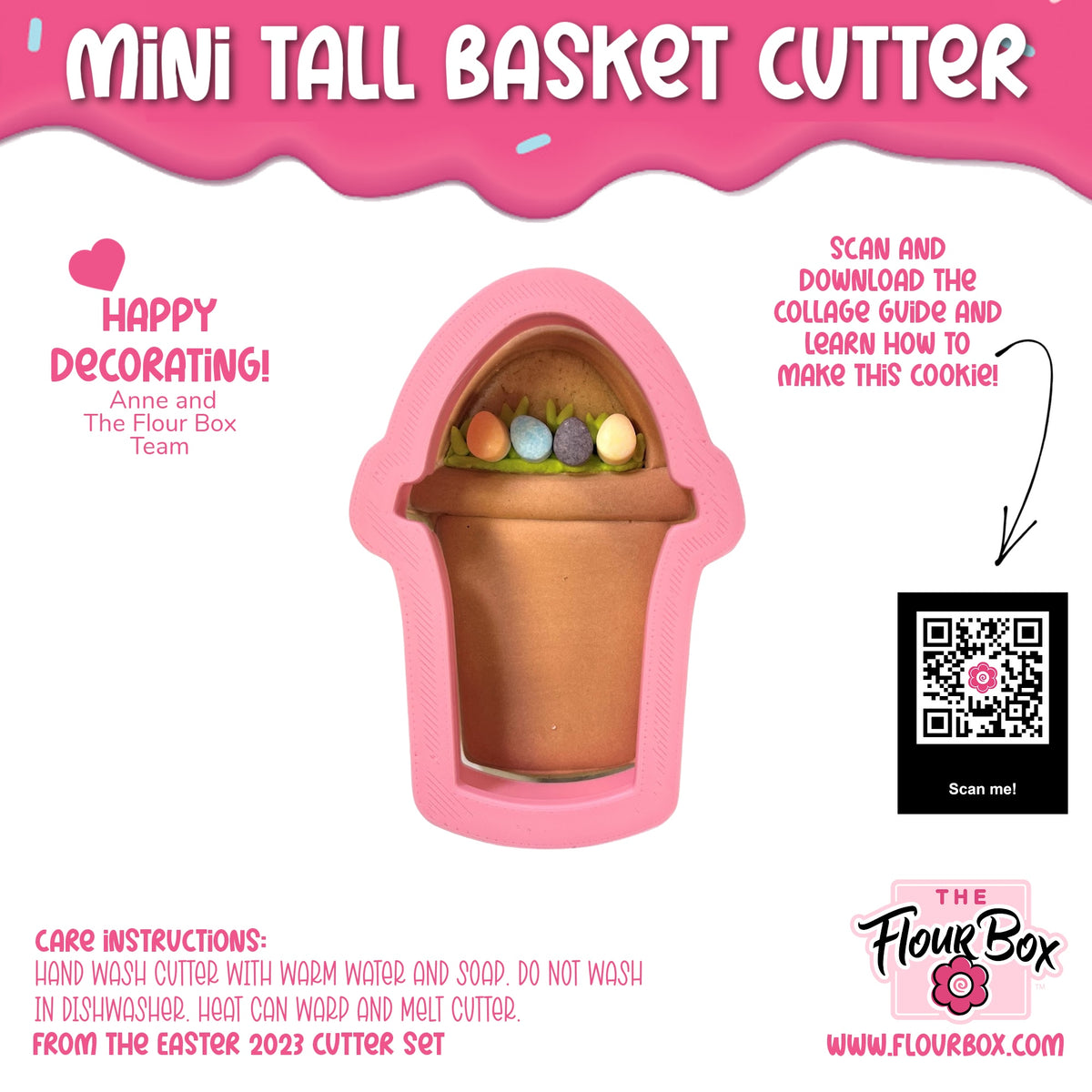 Pink silicone mini tall basket cookie cutter with brown interior holding colorful egg shaped cookie dough pieces