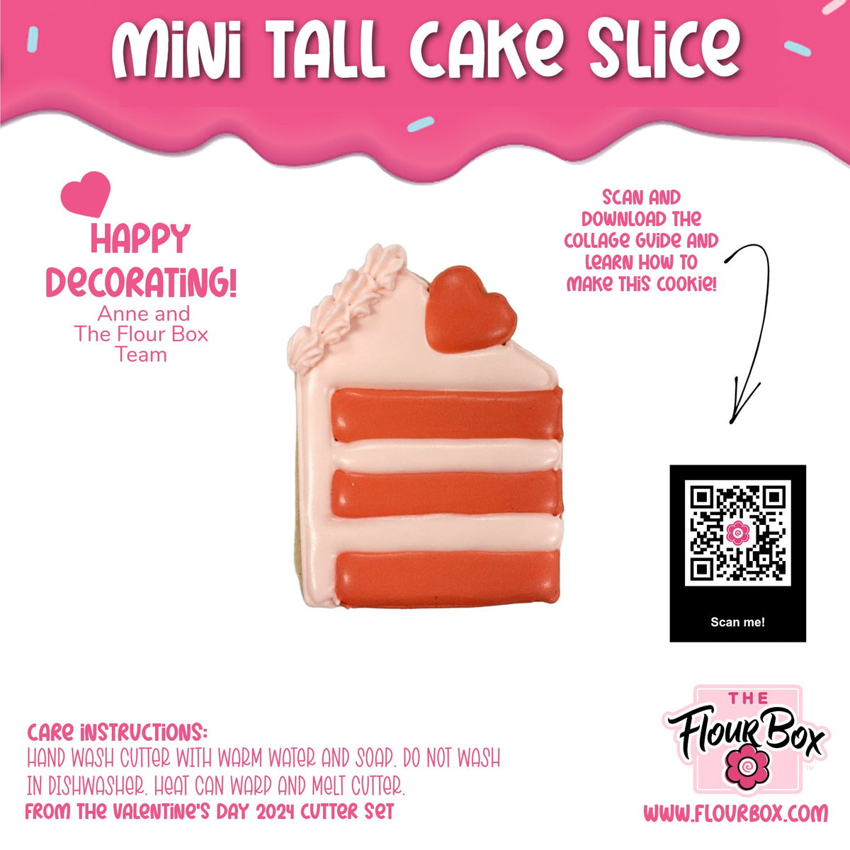 Mini tall cake slice cookie cutter with three-layered orange and white frosting and red heart decoration