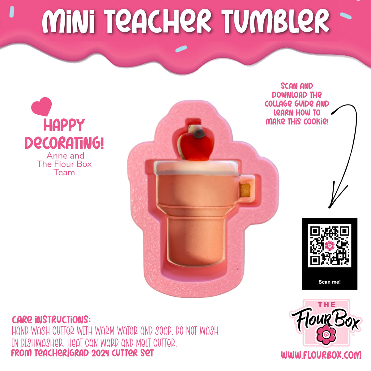 Pink silicone mini teacher tumbler cookie cutter with red apple detail for baking and crafting use