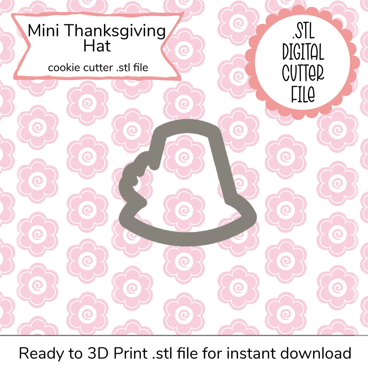 Gray silhouette of a mini thanksgiving hat cookie cutter digital stl file for holiday baking and crafting