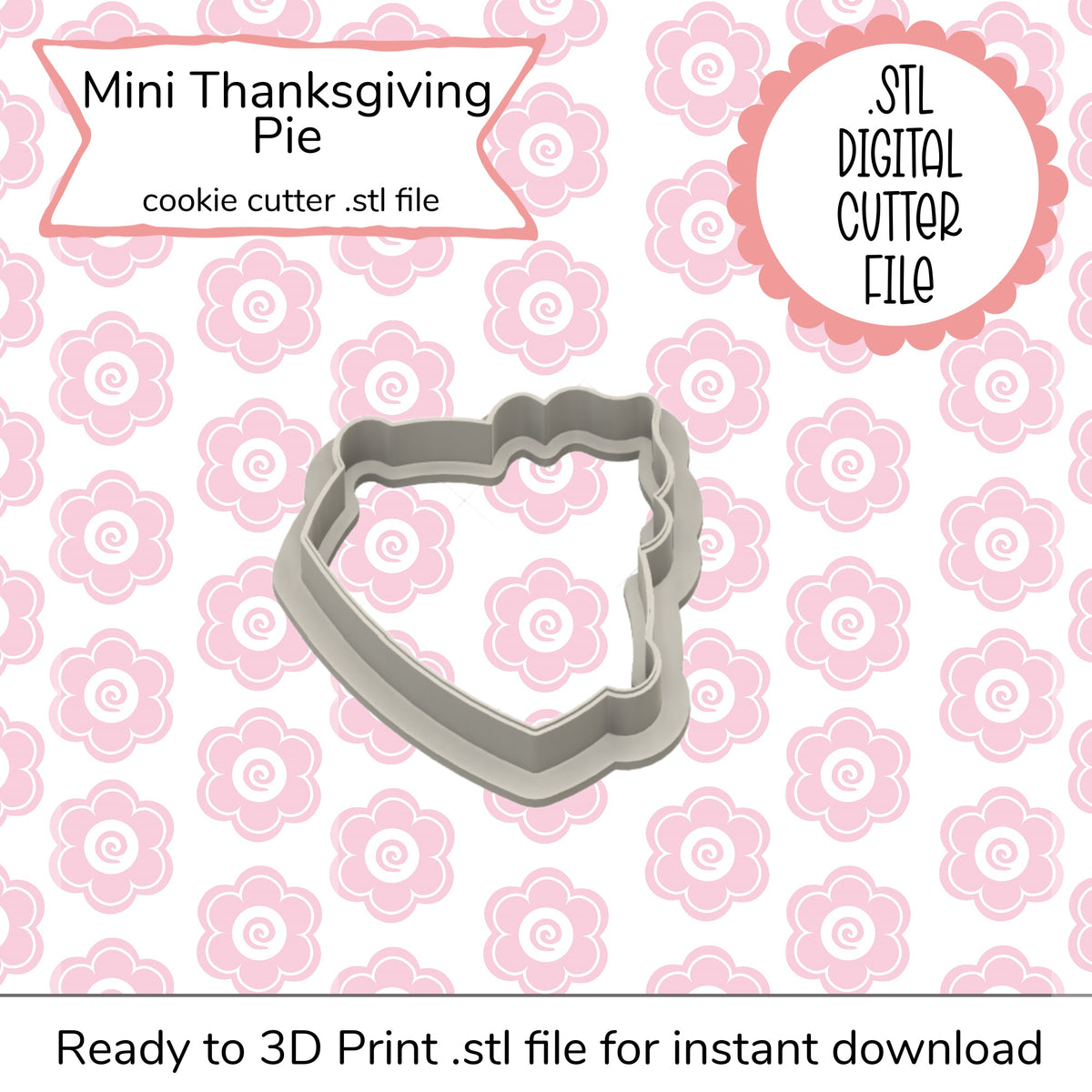 Gray metallic mini thanksgiving pie cutter made of metal for digital STL file baking and crafting use